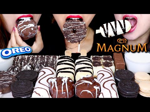 ASMR BLACK + WHITE MAGNUM ICE CREAM BAR, MARSHMALLOW DONUT, ZEBRA CAKE, OREO, CHEESECAKE, MACARON 먹방