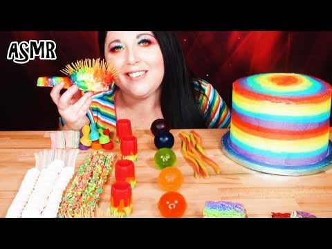 ASMR Edible Rainbow Hair Brush, Rainbow Cake, Jelly Balls, Honeycomb, Spoons, Nerd Rope Mukbang먹방