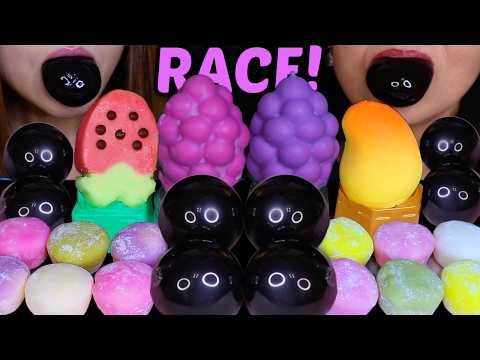 ASMR VIRAL BIG BOBA JELLY RACE! Rainbow mochi ice cream & fruit ice cream 먹방
