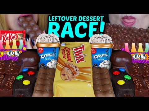 ASMR LEFTOVER DESSERT RACE! TWIX CARAMEL COOKIES & MILK, OREO ICE CREAM CUP, M&MS, BUBBLY CHOCO BAR