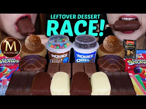 ASMR LEFTOVER DESSERT RACE! M&MS OREO DESSERT CUPS, MINI MAGNUM ICE CREAM, CEREAL STRAW, FERRRERO 먹방