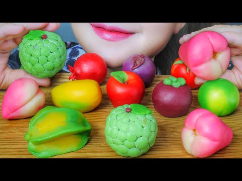 ASMR EATING HOMEMADE FRUIT SHAPED RICE CAKE ( Peach , mango , coconut ...) EATING SOUNDS | LINH-ASMR