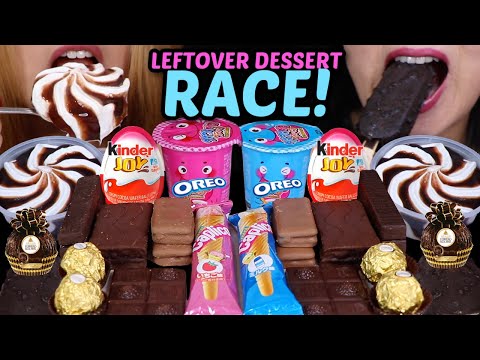 ASMR LEFTOVER DESSERT RACE! BLUE VS PINK CHOCOLATE DIP CUPS, KINDER EGGS, ICE CREAM SUNDAE, FERRERO