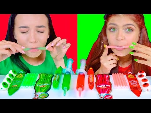 ASMR Red Food VS Green Food Candy Gummy Eyeballs, Lollipops, Candy Spray