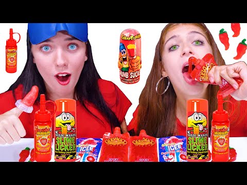 ASMR *RED FOOD* GUMMY PEPPER RACE, SOUR LIQUID CANDY, NERDS ROPE MUKBANG 먹방