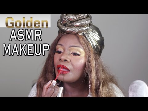 Glitter Golden Eyes Red Lip ASMR MAKEUP Chewing Gum