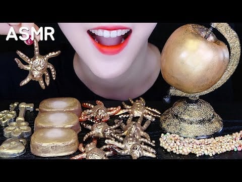 GOLD FOOD ASMR EDIBLE GLOBE, CHOCOLATE ICE CREAM, NERD ROPE CANDY ASMR NO TALKING