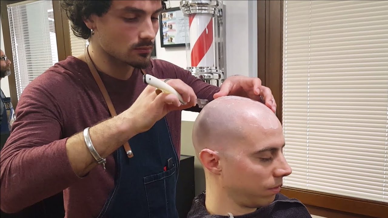 Traditional Italian Barber Head Shave with Hot Towel - Relaxing cream application  - ASMR no talking