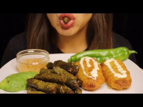 ASMR STUFFED GRAPELEAVES BREADED FISH AVOCADO PEPPERS MUKBANG no talking CREMA ASMR #asmr #mukbang