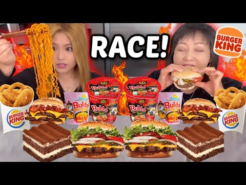 BURGER KING & BULDAK RAMEN RACE EATING COMPETITION! HUGE OREO ICE CREAM SUNDAE & FAIR FOODS 먹방