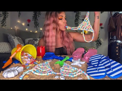 ASMR EDIBLE BIKINI BATHING SUIT, FLIP FLOPS, SAND, SHOVEL, SEASHELLS (PRANK) EATING SHOW MUKBANG