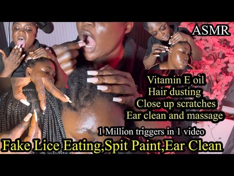 ASMR✨Fake Lice Eating and spit paint, Vitamin E capsule Braid scratch, Ear Clean and Massage,+Grease