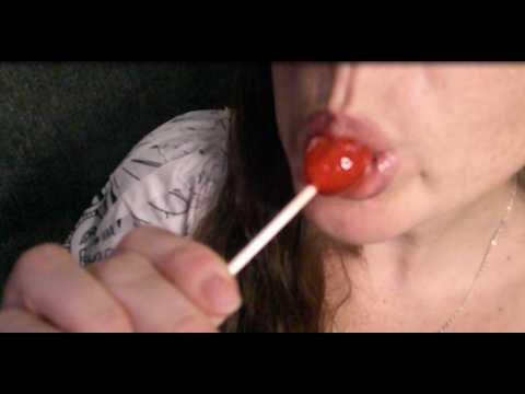 asmr red lollipop sucking and mouth sounds. gum chewing.