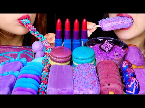 ASMR BLUE + PURPLE EDIBLE CHOCOLATE LIPSTICKS, MACARON POPS, BERRY POPTARTS, NERDS ROPE, ICE CREAM먹방