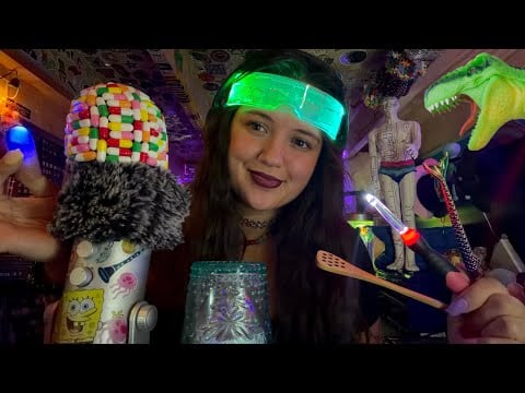 Fluffy mic light bugs, blue cup/ mermaid brushes, honey spoons, mouth sounds, mic covers, & dino!