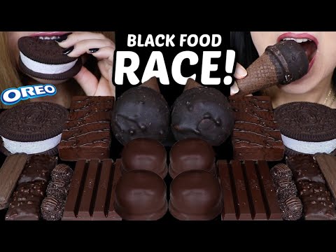 ASMR BLACK FOOD RACE! OREO ICE CREAM CONES, DARK KITKATS, CHOCOLATE MARSHMALLOW, DUBAI CAKES 먹방