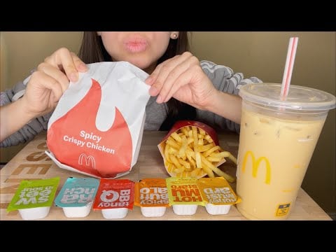 ASMR Eating Mc Donald’s NEW Spicy Crispy Chicken Sandwich + Caramel Iced Coffee (Eating Sounds)