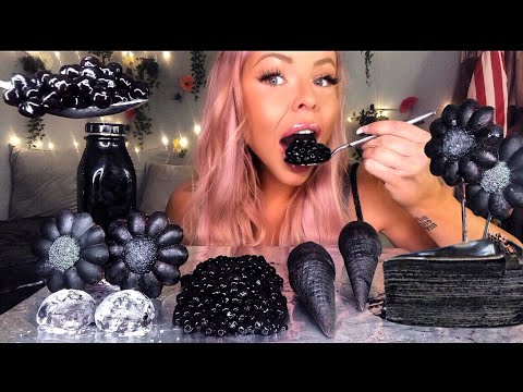 ASMR BLACK CREPE CAKE, EDIBLE FLOWERS, TAPIOCA PEARLS, CHARCOAL LEMONADE, OREO ICE CREAM MUKBANG 먹방