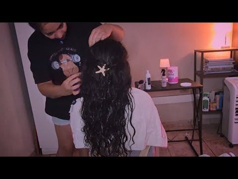 ASMR Escovação, pente, baby hair, mousse ativador de cachos, gelatina, corte✂️, penteado, spray🌷🌧