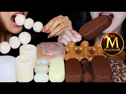 ASMR MINI WHITE & MILK CHOCOLATE MAGNUM ICE CREAM BARS, SODA MOCHI BALLS, FROZEN SHOT GLASSES 먹방