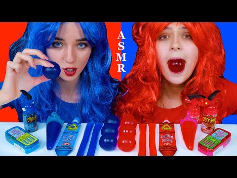 ASMR RED FOOD VS BLUE FOOD, JELLY ICE CREAM, SOUR CANDY, FLIP FHONE POP, JELLY BALLS,  MUKBANG 먹방