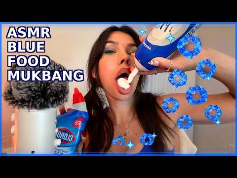 ASMR Blue Food Mukbang (mouth sounds, gum chewing, whispering)