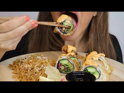 ASMR SUSHI FRIED MAKI ROLLS / KIMCHI NOODLES / MISO SOUP / MUKBANG / CREMA ASMR #asmr #mukbang #food