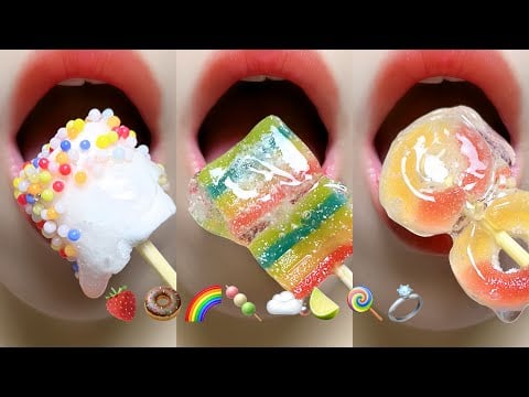 Asmr Eating Tanghulu Jelly Chocolate Gummy Honey Emoji Food 🍋‍🟩🍭🍓 