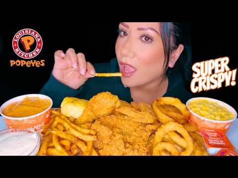 ASMR | Popeyes Fried Chicken, Cajun fries, Mac and cheese Mukbang | Crunchy Eating Sounds