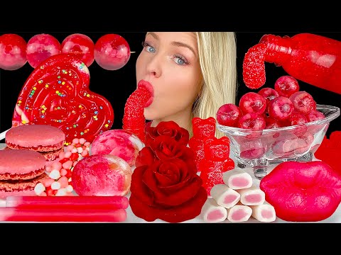 ASMR RED FOODS, SWEDISH BERRIES, EDIBLE ROSES, HI CHEW, ISOMALT LOLLIPOP, RASPBERRY JELLO MUKBANG 먹방