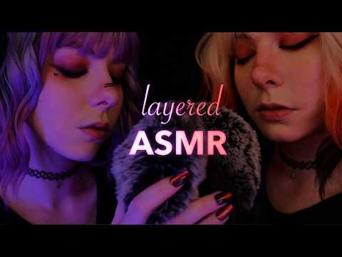 layered ASMR | close up, deep, ear to ear whispering & gentle wood tapping - fluffy scratching, rain