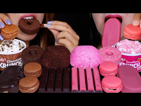 ASMR CHOCOLATE VS STRAWBERRY KRUNCH CAKE CUP, MACARON, ICE CREAM DONUTS, MARSHMALLOW SNOBALL, KITKAT