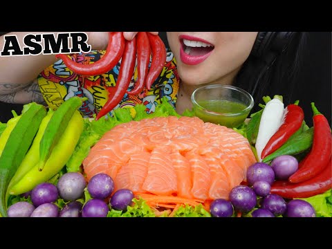 ASMR SALMON SASHIMI CAKE + FRESH VEGGIES (SATISFYING CRUNCHY EATING SOUNDS) NO TALKING | SAS-ASMR