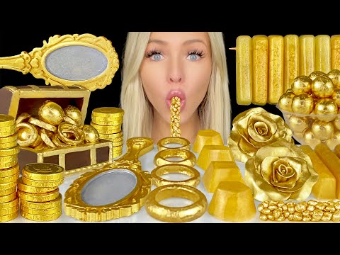 ASMR GOLD DESSERT, EDIBLE GEMS, CHOCOLATE COINS, VINTAGE MIRROR, GOLD DUST EDIBLE FLOWERS MUKBANG 먹방