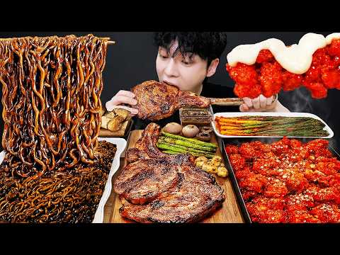 ASMR MUKBANG 직접 만든 양념 치킨먹방! 스테이크 짜파게티 레시피 & 먹방 FRIED CHICKEN AND BLACK BEAN NOODLES EATING SOUND!