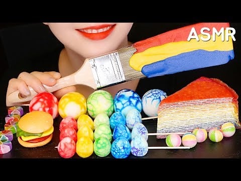 RAINBOW FOOD ASMR RAINBOW CREPE CAKE, CANDY, CHOCOLATE, COLORED EGGS MUKBANG NO TALKING