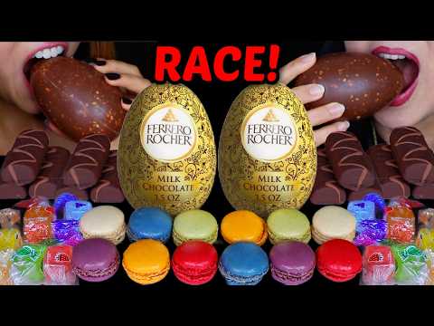 ASMR BIG FERRERO ROCHER CHOCOLATE EGG RACE! Rainbow macarons & jewel jelly candy 먹방