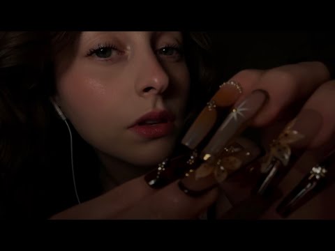 ASMR nail taps and ear to ear mouth sounds (low light and background rain)