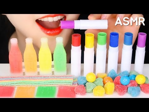 RAINBOW FOOD ASMR EDIBLE LIP BALM ASMR WAX BOTTLE CANDY ASMR GUMMY ASMR NO TALKING