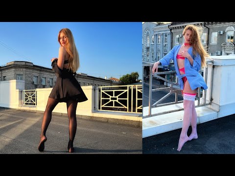 Modelling Pantyhose and Sheer Lingerie On The Roof. Tights, Satin Outfit + White Stockings Try On.