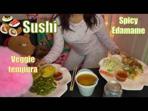 Sushi, spicy edamame, vegetable tempura￼ 🍣 Mukbang ASMR