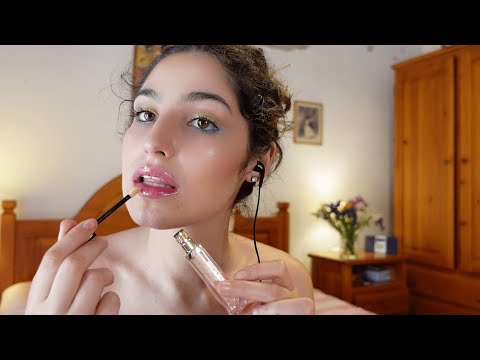 ASMR lipgloss application (mouth sounds, kissing, lipstick try on, makeup collection, whispering)