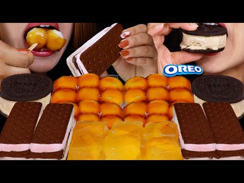 ASMR EATING CHEWY DANGO MOCHI BALLS, LOQUAT JELLY, NEAPOLITAN ICE CREAM SANDWICHES, OREO ICE CREAM