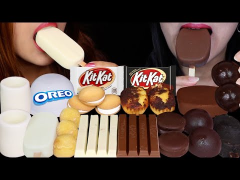 ASMR WHITE VS MILK CHOCOLATE KITKATS, DOVE ICE CREAM, CAKE BALLS, BON BONS, FROZEN SHOT GLASSES 먹방