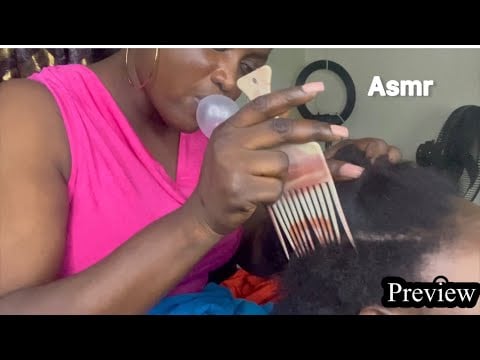 Asmr✨Hair and scalp Scratching on my sister, with Blowing and popping Big Bubblegum sound.