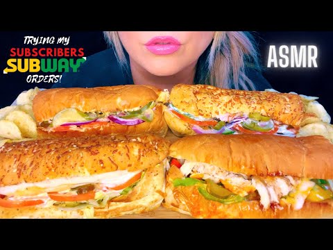 ASMR EATING SUBWAY MUKBANG *TRYING MY SUBSCRIBERS' ORDERS* (WHISPERING) EATING SOUNDS