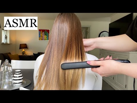 ASMR *semi-fast* hair straightening on my sister (hair play, hair brushing & spraying, no talking)