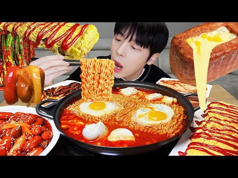 ASMR MUKBANG | 직접 만든 순두부 열라면 먹방 & 레시피 계란 통스팸, 버섯, 김치 | FIRE NOODLES EATING