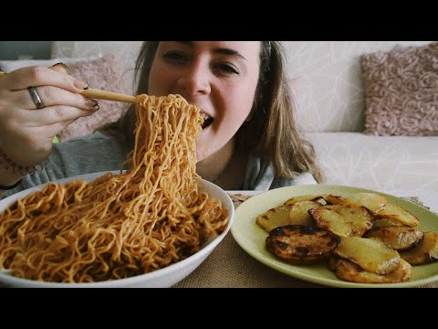 ASMR eating spicy noodels & fries (no talking)