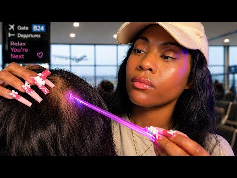 ASMR The Lady Behind You at the Airport Does a Scalp Check, Oils Your Scalp & Does Your Makeup ✈️
